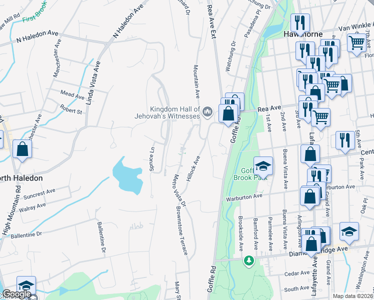 map of restaurants, bars, coffee shops, grocery stores, and more near 88 Metro Vista Drive in Hawthorne