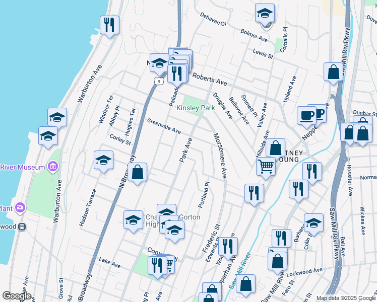 map of restaurants, bars, coffee shops, grocery stores, and more near 462 Park Avenue in Yonkers