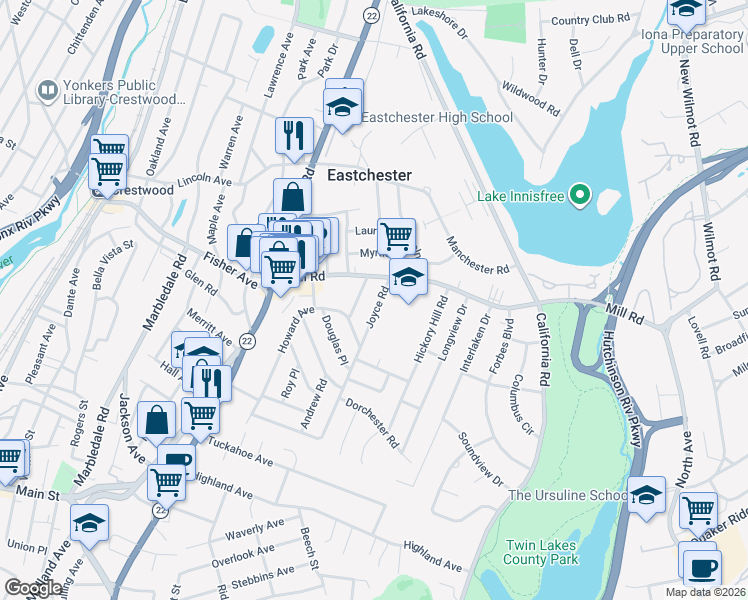 map of restaurants, bars, coffee shops, grocery stores, and more near 2 Joyce Road in Eastchester