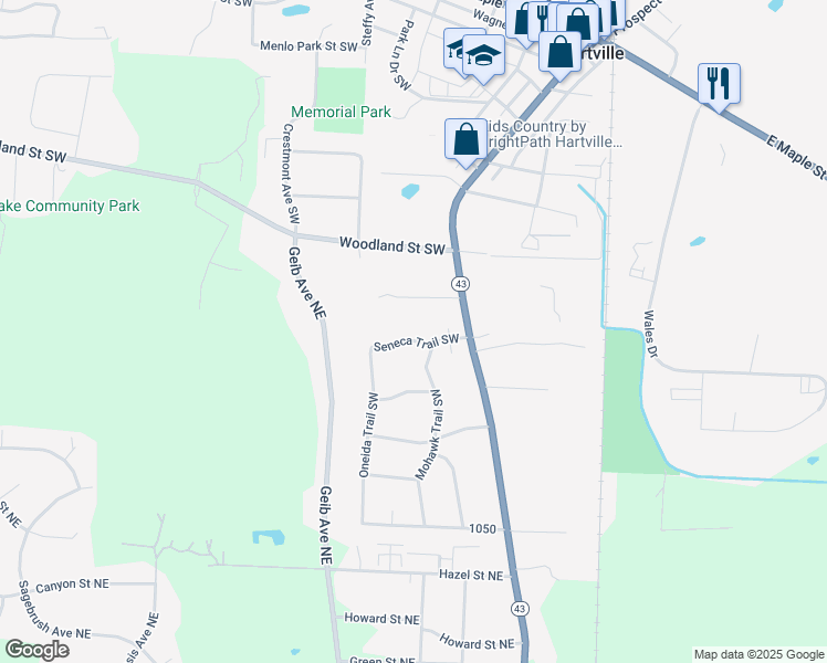 map of restaurants, bars, coffee shops, grocery stores, and more near 225 Seneca Trail Southwest in Hartville