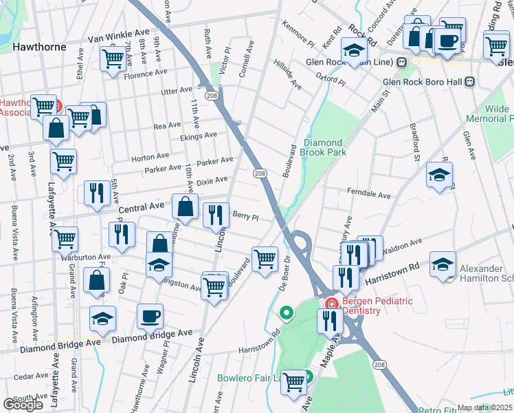 map of restaurants, bars, coffee shops, grocery stores, and more near 40 William Place in Glen Rock