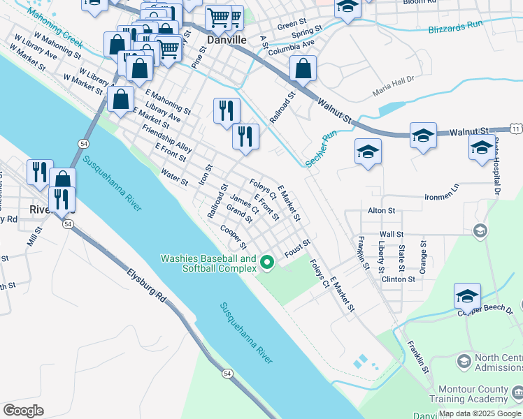map of restaurants, bars, coffee shops, grocery stores, and more near 752 East Front Street in Danville