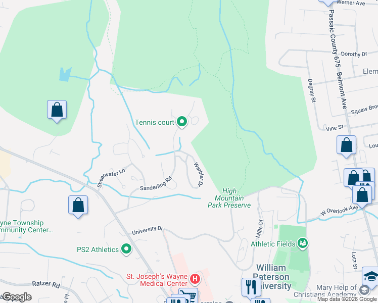 map of restaurants, bars, coffee shops, grocery stores, and more near 11 Warbler Drive in Wayne