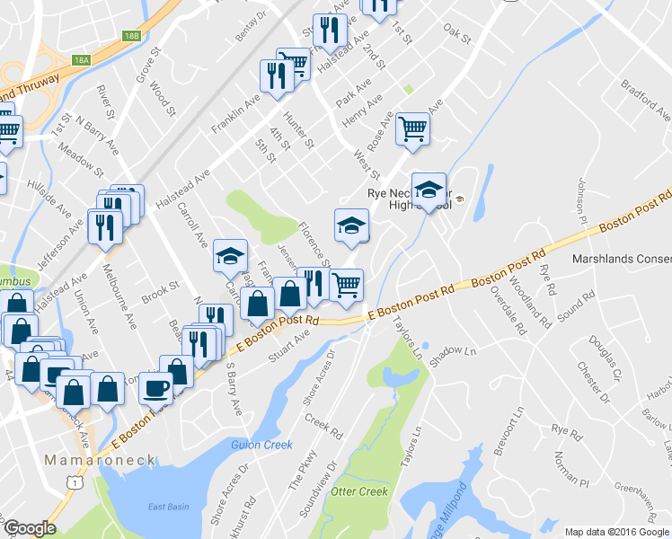 map of restaurants, bars, coffee shops, grocery stores, and more near 122 Florence Street in Mamaroneck