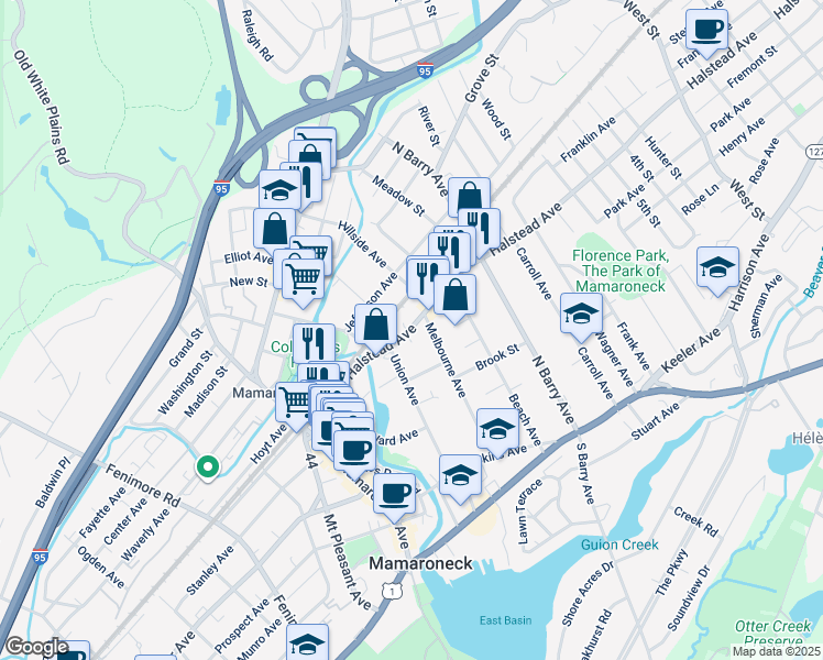 map of restaurants, bars, coffee shops, grocery stores, and more near 501 Halstead Avenue in Mamaroneck