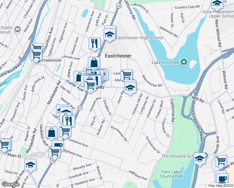 map of restaurants, bars, coffee shops, grocery stores, and more near 2 Joyce Road in Eastchester