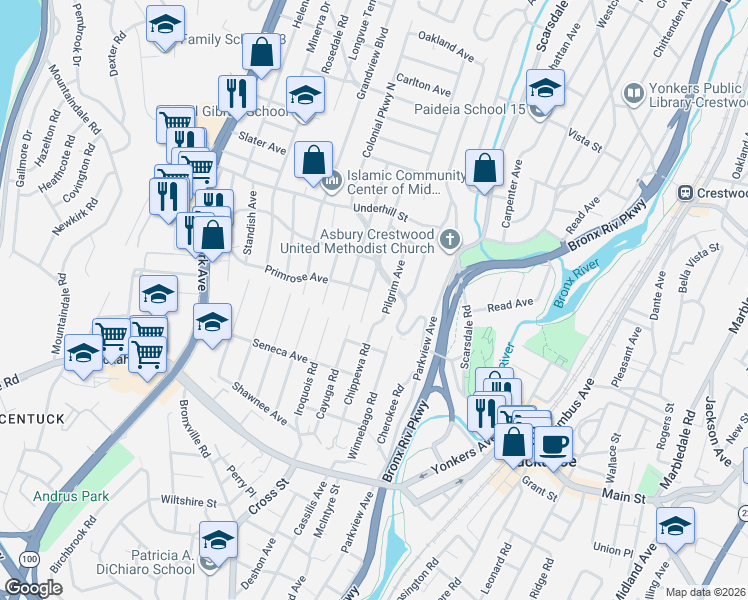 map of restaurants, bars, coffee shops, grocery stores, and more near 34 Puritan Avenue in Yonkers
