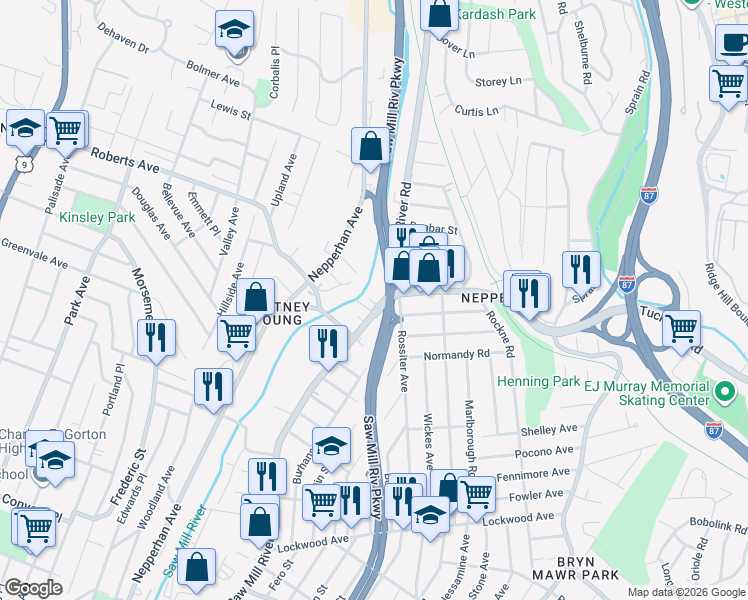 map of restaurants, bars, coffee shops, grocery stores, and more near 581 Saw Mill River Road in Yonkers