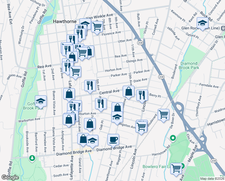 map of restaurants, bars, coffee shops, grocery stores, and more near 42 Dixie Avenue in Hawthorne