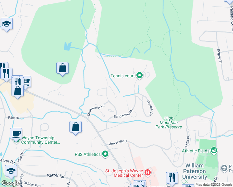 map of restaurants, bars, coffee shops, grocery stores, and more near 35 Morning Watch Road in Wayne