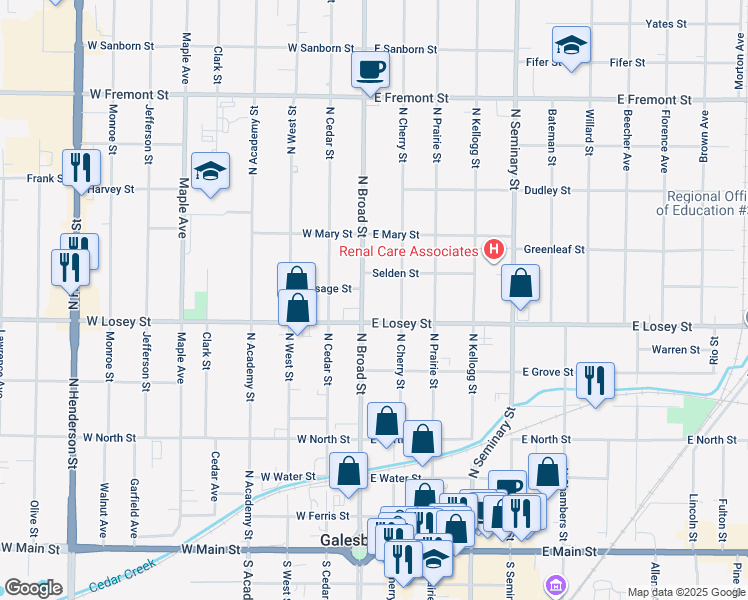 map of restaurants, bars, coffee shops, grocery stores, and more near 715 North Broad Street in Galesburg