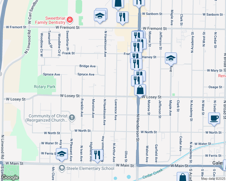 map of restaurants, bars, coffee shops, grocery stores, and more near 600-998 Lawrence Ave in Galesburg