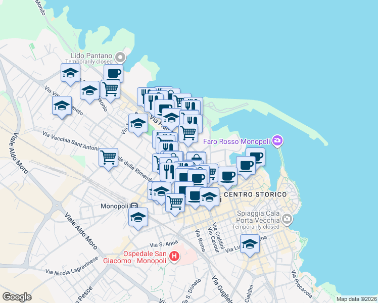 map of restaurants, bars, coffee shops, grocery stores, and more near 6 Via Remigio Ferretti in Monopoli