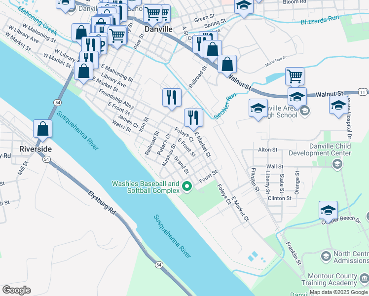 map of restaurants, bars, coffee shops, grocery stores, and more near 752 East Front Street in Danville