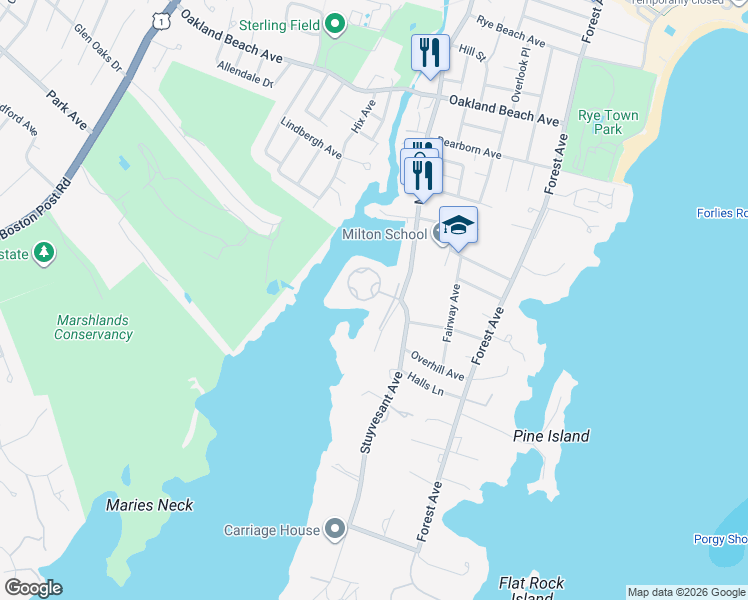 map of restaurants, bars, coffee shops, grocery stores, and more near 720 Milton Road in Rye
