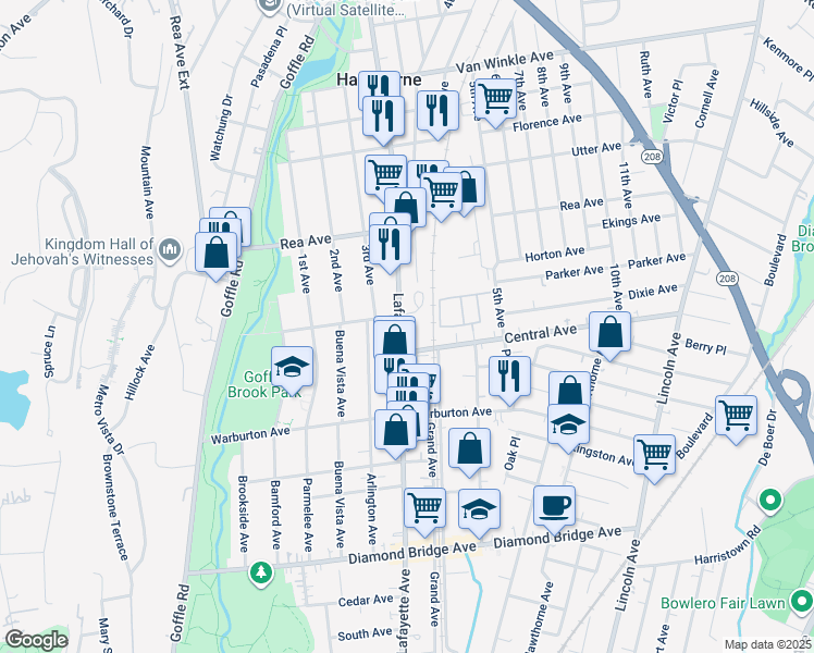 map of restaurants, bars, coffee shops, grocery stores, and more near 507 Lafayette Avenue in Hawthorne