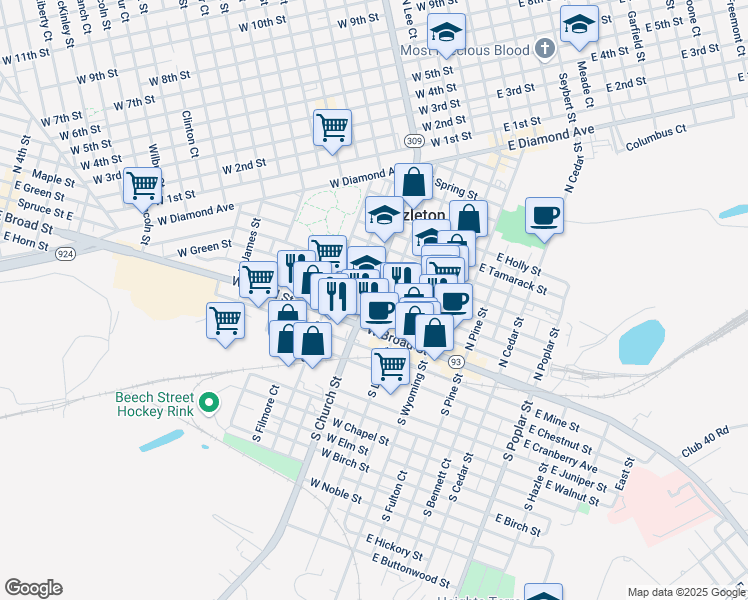map of restaurants, bars, coffee shops, grocery stores, and more near in Hazleton