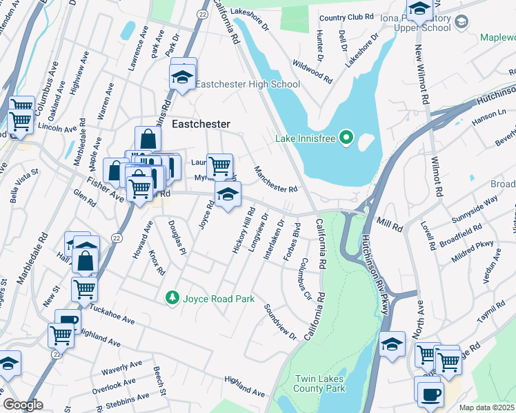 map of restaurants, bars, coffee shops, grocery stores, and more near 1 Hickory Hill Road in Eastchester