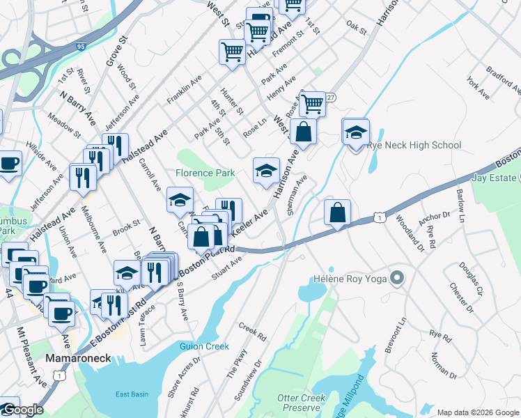 map of restaurants, bars, coffee shops, grocery stores, and more near 122 Florence Street in Mamaroneck