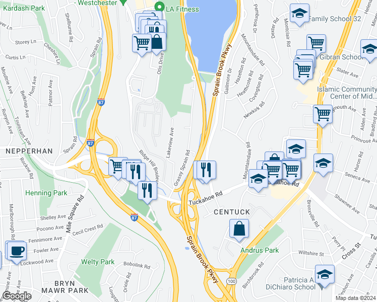 map of restaurants, bars, coffee shops, grocery stores, and more near 47 Grassy Sprain Road in Yonkers