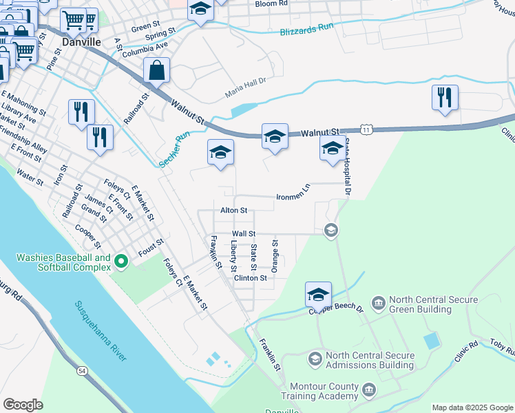 map of restaurants, bars, coffee shops, grocery stores, and more near 711 Alton Street in Danville