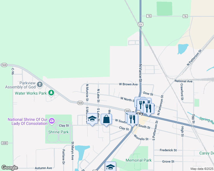 map of restaurants, bars, coffee shops, grocery stores, and more near 200 West Brown Avenue in Carey
