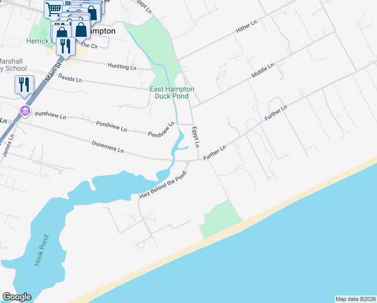 map of restaurants, bars, coffee shops, grocery stores, and more near 157 Egypt Lane in East Hampton