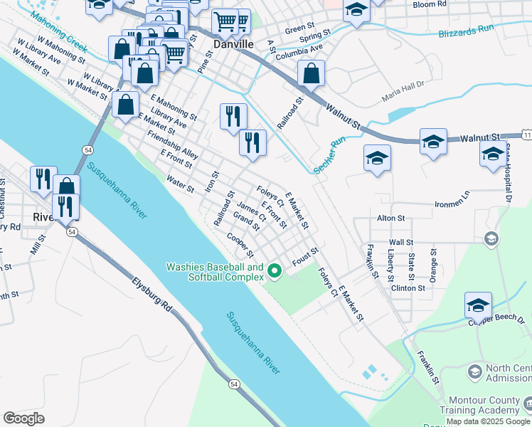 map of restaurants, bars, coffee shops, grocery stores, and more near 740 East Front Street in Danville