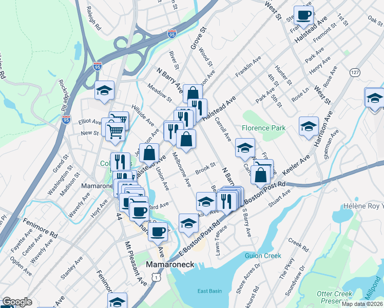 map of restaurants, bars, coffee shops, grocery stores, and more near 440 Beach Avenue in Mamaroneck