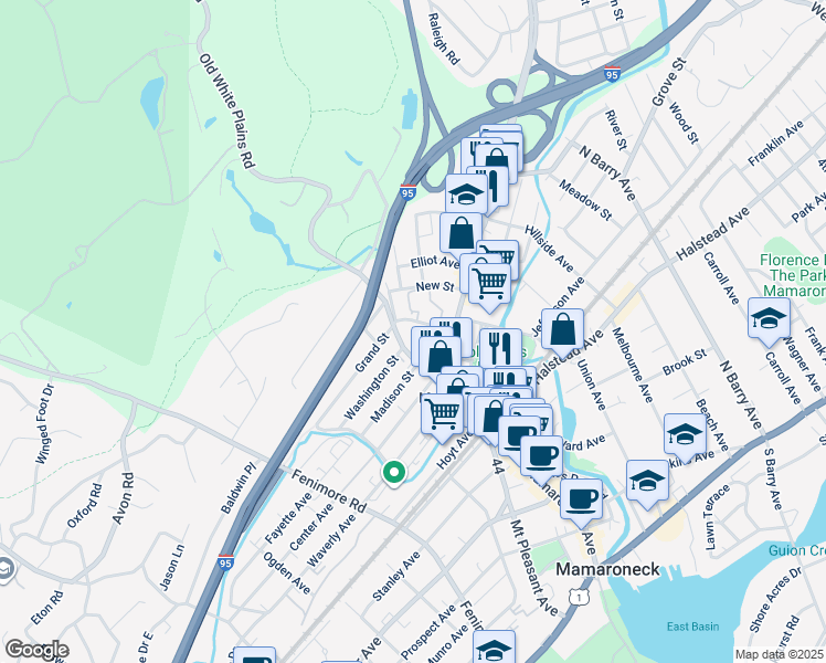 map of restaurants, bars, coffee shops, grocery stores, and more near 72 Grand Street in Mamaroneck