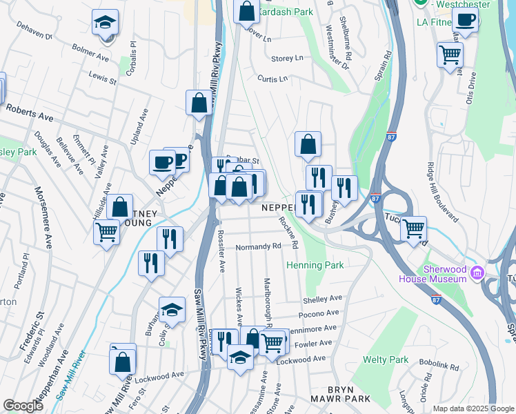 map of restaurants, bars, coffee shops, grocery stores, and more near 33 Tuckahoe Road in Yonkers