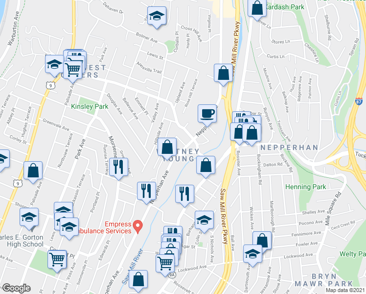 map of restaurants, bars, coffee shops, grocery stores, and more near 10 Elizabeth Place in Yonkers