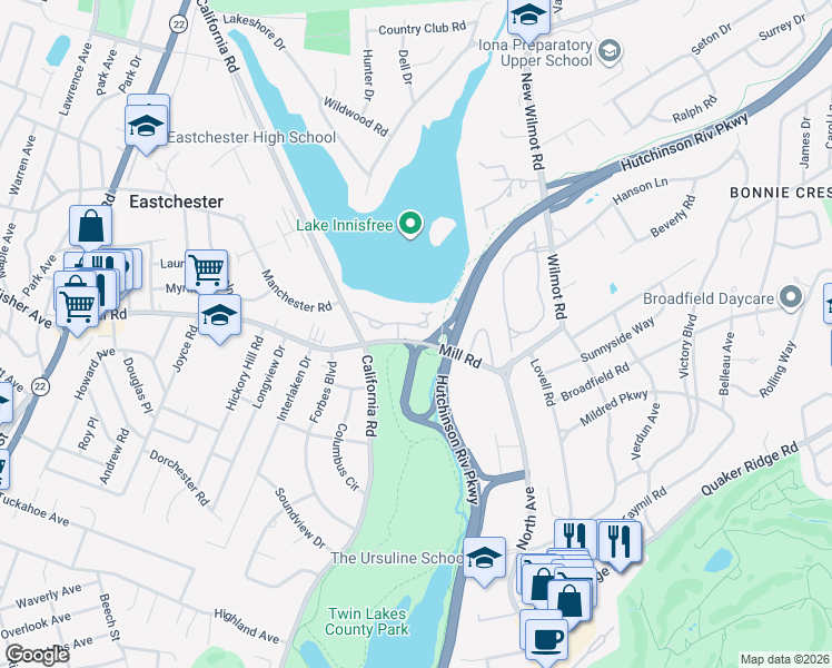 map of restaurants, bars, coffee shops, grocery stores, and more near 73 Waterside Close in Eastchester