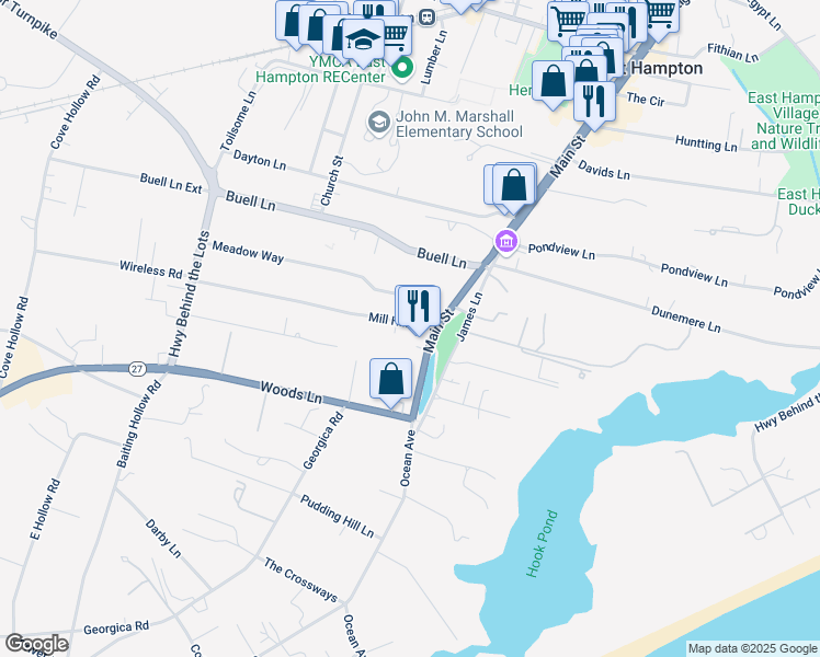 map of restaurants, bars, coffee shops, grocery stores, and more near 9 Mill Hill Lane in East Hampton