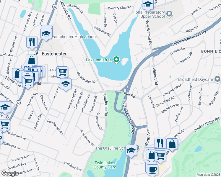 map of restaurants, bars, coffee shops, grocery stores, and more near 46-44 Waterside Close in Eastchester