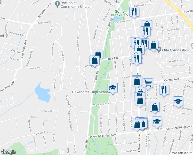 map of restaurants, bars, coffee shops, grocery stores, and more near 675 Goffle Road in Hawthorne