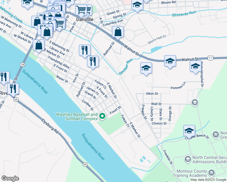 map of restaurants, bars, coffee shops, grocery stores, and more near 837 East Market Street in Danville