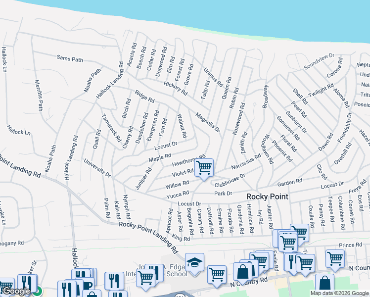map of restaurants, bars, coffee shops, grocery stores, and more near 47 Locust Drive in Rocky Point