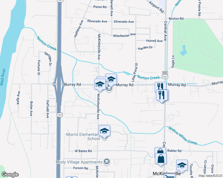 map of restaurants, bars, coffee shops, grocery stores, and more near 1300 Murray Road in McKinleyville