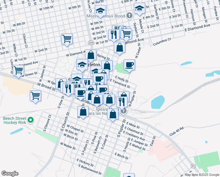 map of restaurants, bars, coffee shops, grocery stores, and more near 39 East Oak Street in Hazleton