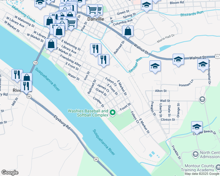 map of restaurants, bars, coffee shops, grocery stores, and more near 740 East Front Street in Danville