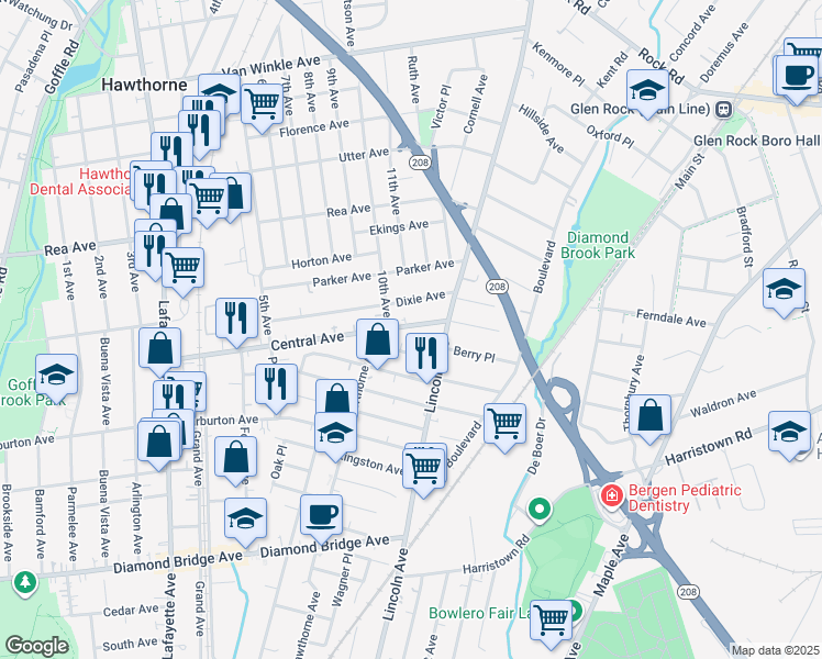 map of restaurants, bars, coffee shops, grocery stores, and more near 380 Central Avenue in Hawthorne