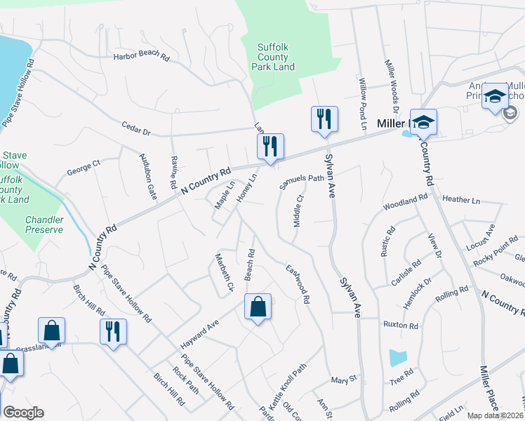 map of restaurants, bars, coffee shops, grocery stores, and more near 10 Daniel Court in Miller Place