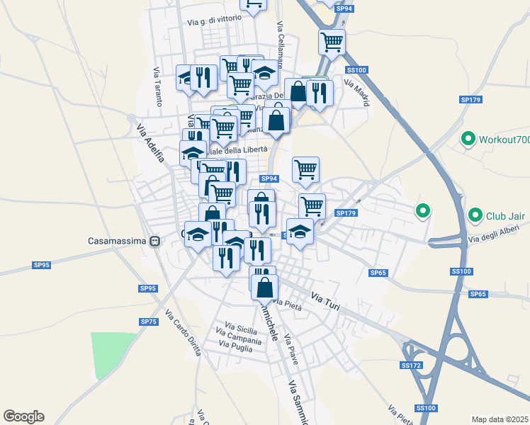 map of restaurants, bars, coffee shops, grocery stores, and more near 3 Via Imbriani in Casamassima