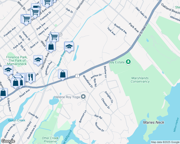 map of restaurants, bars, coffee shops, grocery stores, and more near 1 Rye Road in Rye