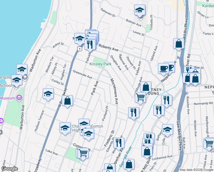 map of restaurants, bars, coffee shops, grocery stores, and more near 129 Greenvale Avenue in Yonkers