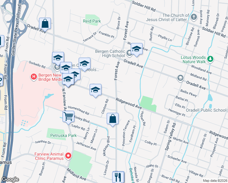 map of restaurants, bars, coffee shops, grocery stores, and more near 394 Wagner Court in Paramus