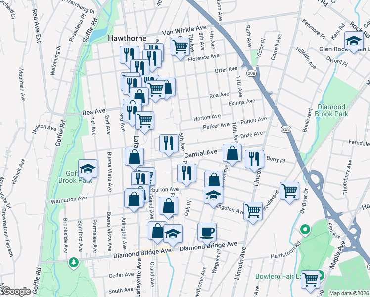map of restaurants, bars, coffee shops, grocery stores, and more near 10 Dixie Avenue in Hawthorne