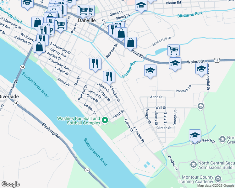 map of restaurants, bars, coffee shops, grocery stores, and more near 837 East Market Street in Danville