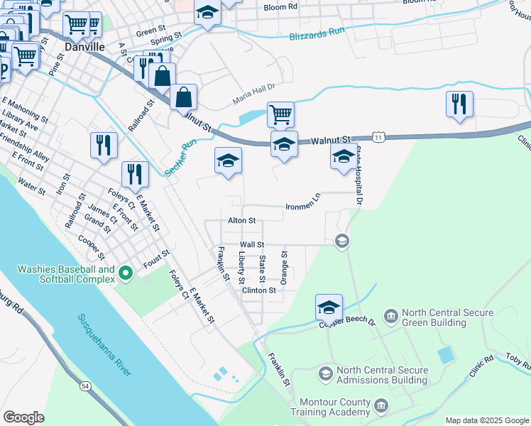 map of restaurants, bars, coffee shops, grocery stores, and more near 711 Alton Street in Danville